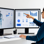 A professional graphic designer, fully clothed in a modest business casual outfit, presenting their digital portfolio on a large monitor in a brightly lit, modern design studio. The designer is pointing to a screen displaying a well-structured project case study, showcasing design process sketches, mood boards, and final mockups. The studio features clean lines, minimalist decor, and some art supplies in the background, emphasizing creativity, clarity, and visual impact. Perfect anatomy, correct proportions, natural pose, well-formed hands, proper finger count, natural body proportions. Safe for work, appropriate content, fully clothed, professional.