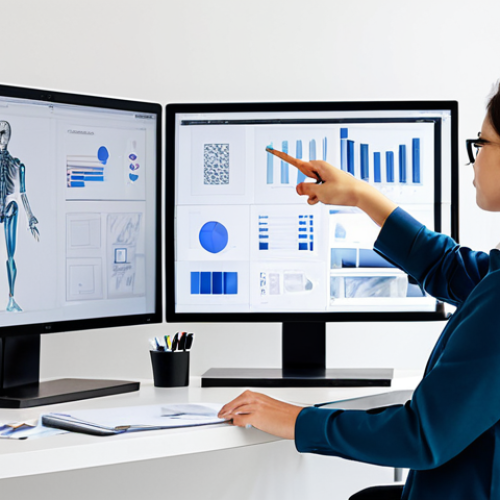 A professional graphic designer, fully clothed in a modest business casual outfit, presenting their digital portfolio on a large monitor in a brightly lit, modern design studio. The designer is pointing to a screen displaying a well-structured project case study, showcasing design process sketches, mood boards, and final mockups. The studio features clean lines, minimalist decor, and some art supplies in the background, emphasizing creativity, clarity, and visual impact. Perfect anatomy, correct proportions, natural pose, well-formed hands, proper finger count, natural body proportions. Safe for work, appropriate content, fully clothed, professional.
