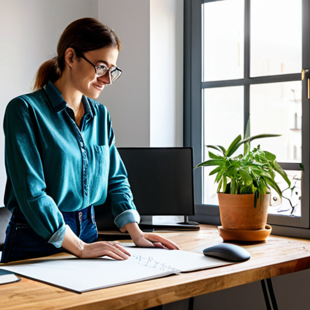 **

A professional freelance graphic designer working from a vibrant, plant-filled home office in Barcelona, fully clothed in a stylish, modest blouse and comfortable jeans, appropriate attire, safe for work. The scene includes a large monitor displaying design software, sketches scattered on a wooden desk, and natural sunlight streaming through the window. Perfect anatomy, correct proportions, natural pose, well-formed hands, proper finger count, natural body proportions, professional digital illustration, high quality, safe for work, appropriate content, fully clothed, professional.

**