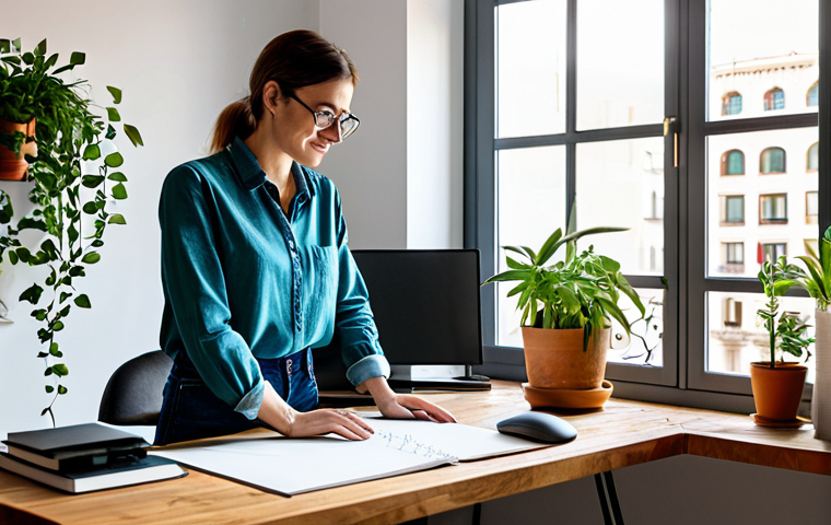 **
A professional freelance graphic designer working from a vibrant, plant-filled home office in Barcelona, fully clothed in a stylish, modest blouse and comfortable jeans, appropriate attire, safe for work. The scene includes a large monitor displaying design software, sketches scattered on a wooden desk, and natural sunlight streaming through the window. Perfect anatomy, correct proportions, natural pose, well-formed hands, proper finger count, natural body proportions, professional digital illustration, high quality, safe for work, appropriate content, fully clothed, professional.
**