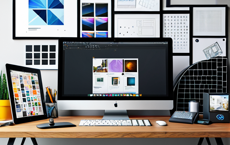 Digital Design Workspace**
"A modern digital design workspace featuring a sleek computer setup with Adobe Creative Suite software open, surrounded by design tools and a vibrant mood board. Fully clothed designer working, appropriate content, safe for work, professional setting, perfect anatomy, natural proportions."
**