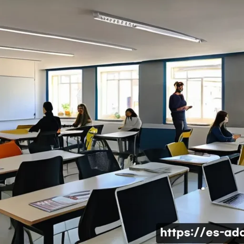 광고디자인 자격증 비용 및 준비 시간 - A modern classroom setting in Spain with young adult students attending a hybrid advertising design ...