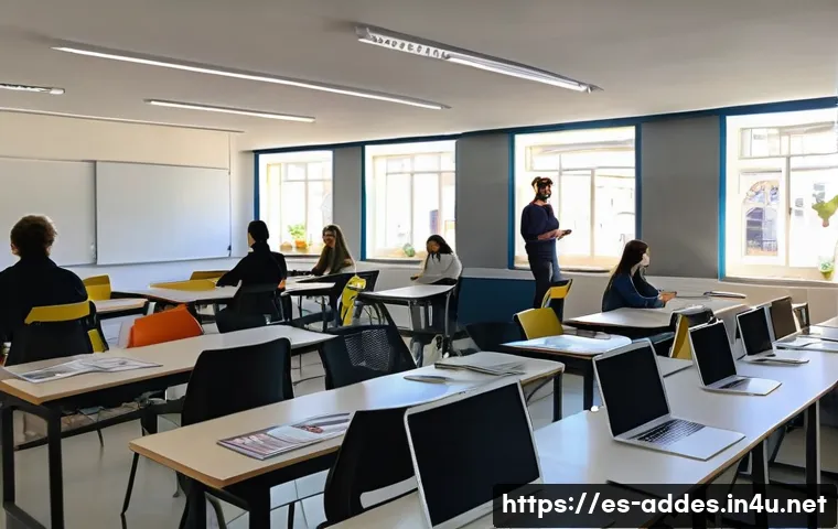 광고디자인 자격증 비용 및 준비 시간 - A modern classroom setting in Spain with young adult students attending a hybrid advertising design ...