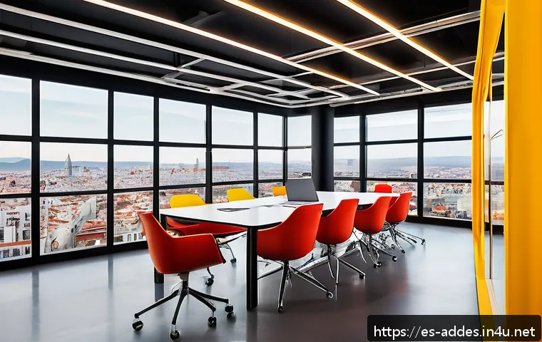 광고디자인 직무에서 사용하는 전문 용어 - A modern advertising agency office scene in Madrid, Spain, showcasing a diverse team of young profes...