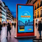 광고디자인 관련 추천 도서 - A vibrant digital advertising billboard in a busy Madrid street at dusk, showcasing bold and contras...