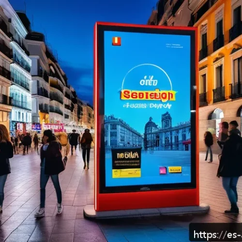광고디자인 관련 추천 도서 - A vibrant digital advertising billboard in a busy Madrid street at dusk, showcasing bold and contras...