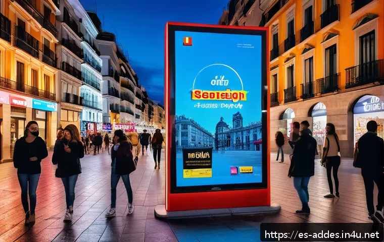 광고디자인 관련 추천 도서 - A vibrant digital advertising billboard in a busy Madrid street at dusk, showcasing bold and contras...