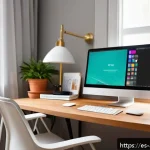 광고디자인 독학으로 자격증 취득하기 - A bright, cozy home workspace designed for a Spanish-speaking graphic designer learning advertising ...