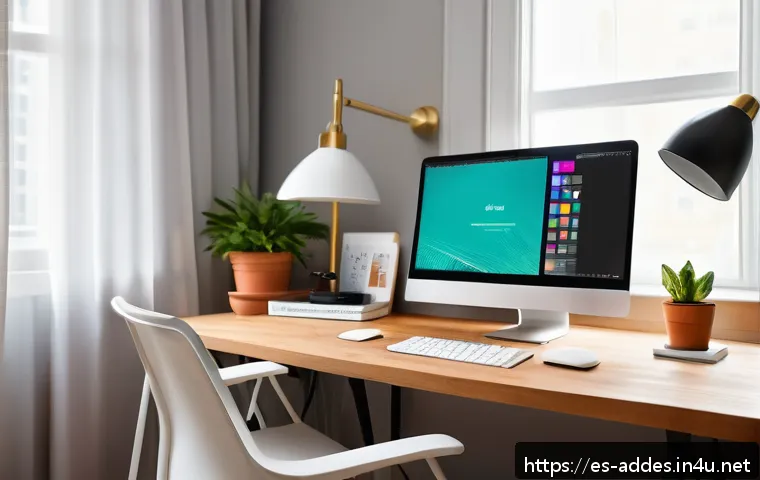 광고디자인 독학으로 자격증 취득하기 - A bright, cozy home workspace designed for a Spanish-speaking graphic designer learning advertising ...